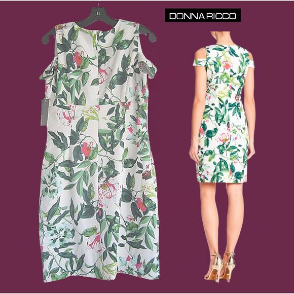 DONNA RICCO NEW Romantic Floral Cold Shoulder V-Neck Sheath Dress 10 - Picture 9 of 12